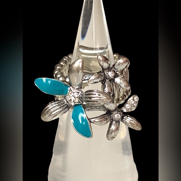 Turquoise Blue Silver Plated Clear Rhinestone  Flower Stretch Band Fashion Ring - Picture 4 of 8